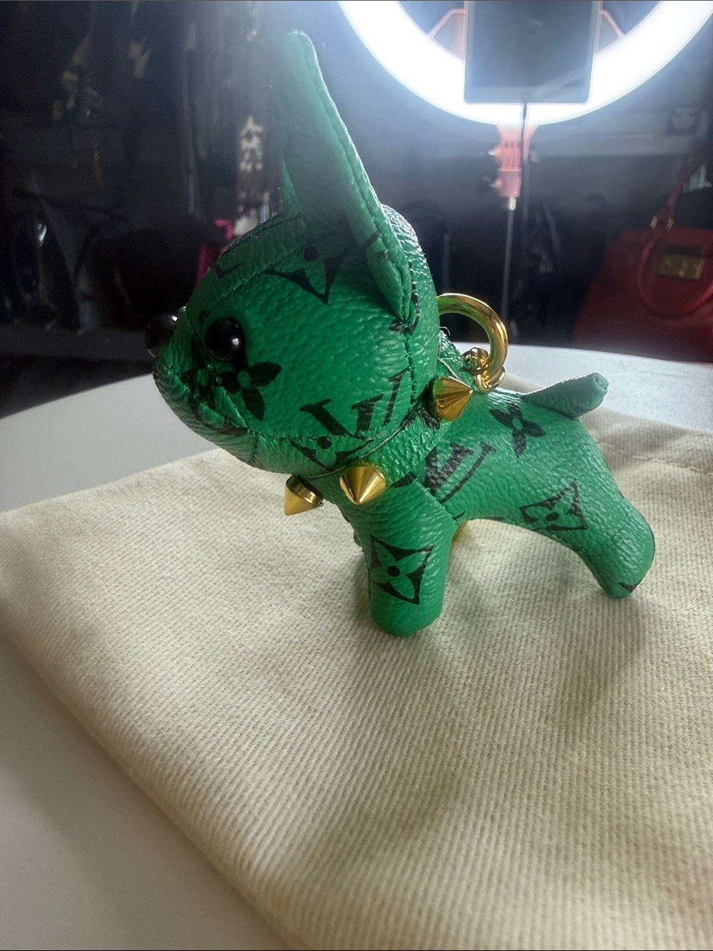 Mini Green Monogram Studded Leather Puppy charm!